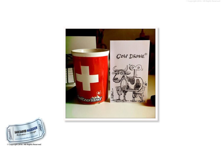 Red Swiss mug with white cross, next to illustration "Cow Drone" showing mechanical cartoon cow.