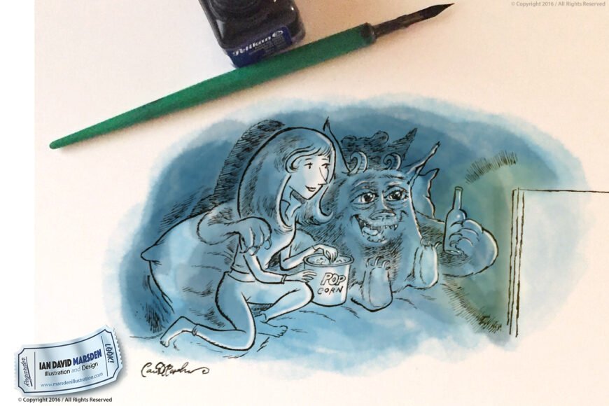 Woman and friendly monster watch TV, sharing popcorn, in a blue-toned illustration.