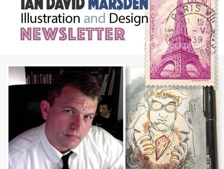 Ian David Marsden newsletter header with stamp, man's photo, and person illustration.