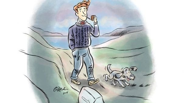 Cartoon of person walking with dog on hilly path; stone shows pub 3 miles ahead.