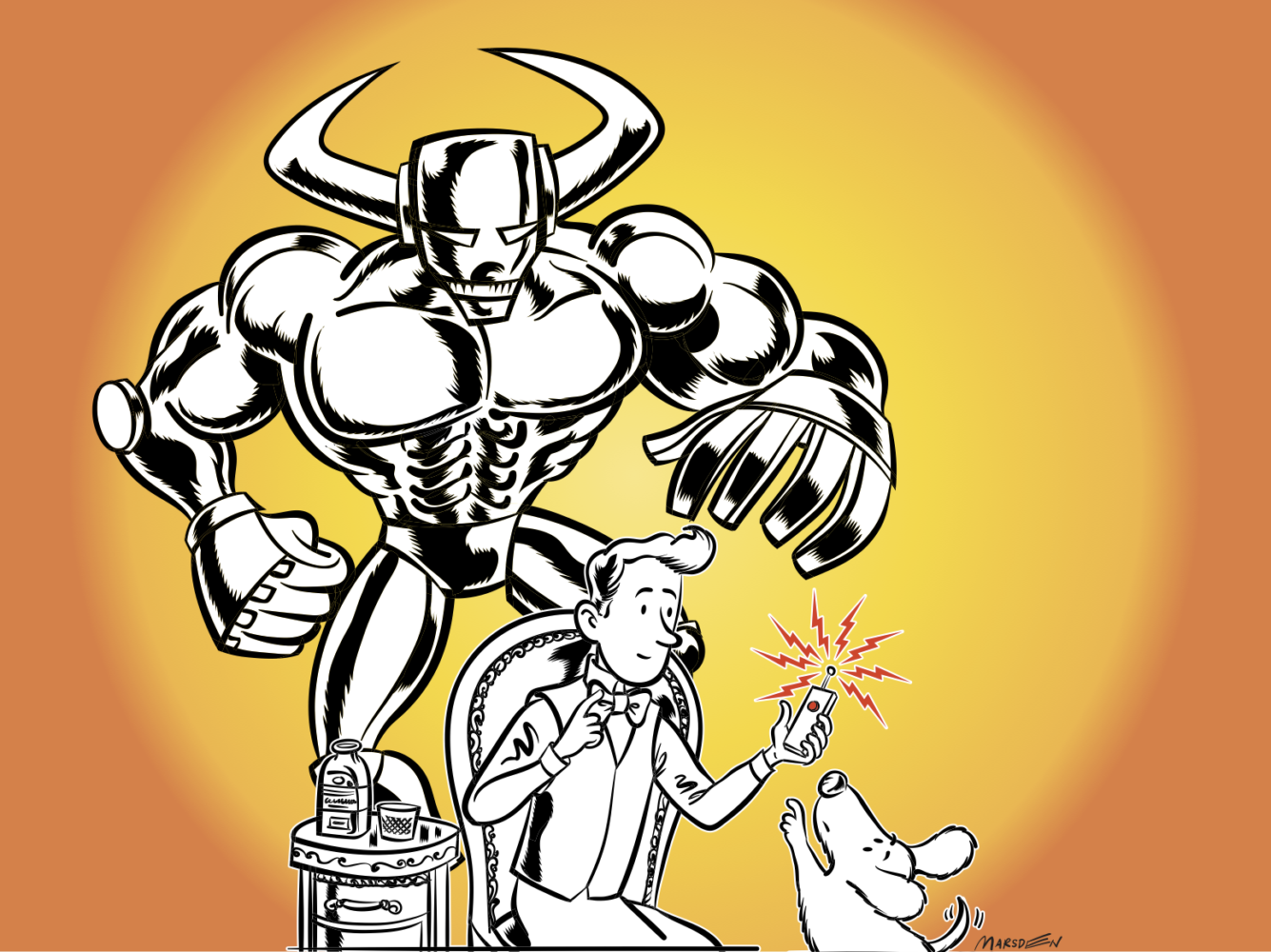 Man with phone and dog, large muscular figure looms, orange gradient background.