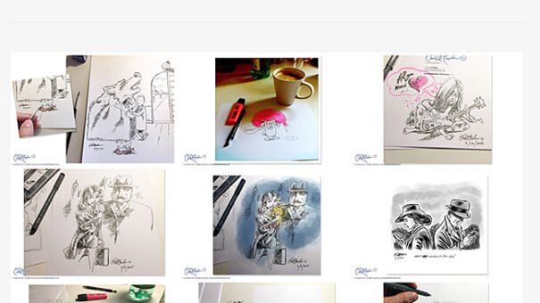 Webpage displaying various sketches on sketchpads and desktops with art tools like pens and markers.