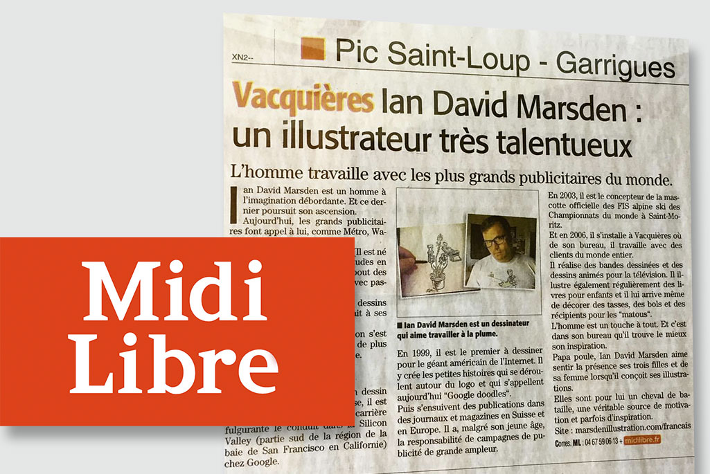 Portrait de Ian David Marsden, illustrateur à Vacquières, dans un article de presse du Midi Libre évoquant ses collaborations internationales et locales.