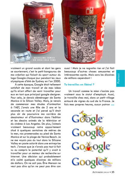 Two Coca-Cola cans with Ian David Marsden's kangaroo illustrations, text on Google and freelancing.