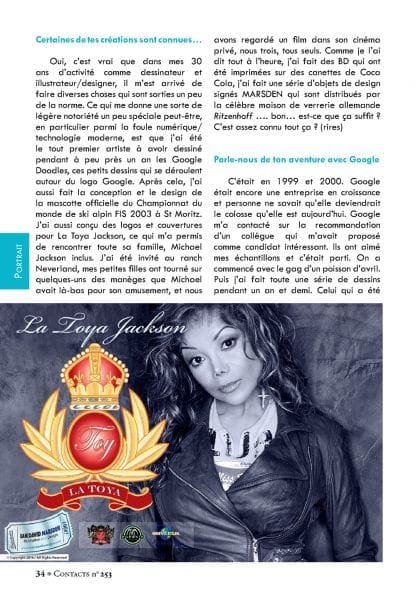 Designer interview highlights career, Google Doodles, major events; includes La Toya Jackson image.