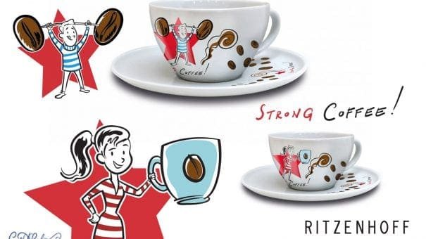 Coffee cup and saucer with cartoon illustrations and "Strong Coffee!" design by Marsden.