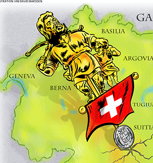 Statue of William Tell with crossbow on Swiss map, flag, and Swiss Franc coin below.