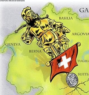 Statue of William Tell with crossbow on Swiss map, flag, and Swiss Franc coin below.