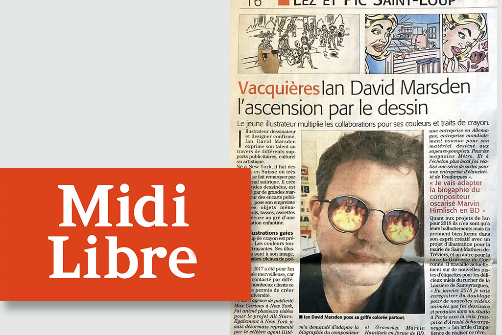 Portrait de Ian David Marsden dans le journal Midi Libre, illustrateur et graphiste à Claret, spécialiste en design graphique, étiquettes de vin, illustration éditoriale et direction artistique.