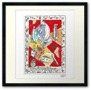 Framed abstract artwork with geometric shapes, books, and symbols on red and orange background.