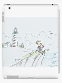 Cartoon person on a grassy cliff with seagull, lighthouse, house, and birds under cloudy sky.