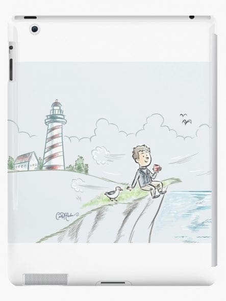 Cartoon person on a grassy cliff with seagull, lighthouse, house, and birds under cloudy sky.