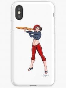 Cartoon woman in red beret, blue top, and red leggings holding baguette like baseball bat.