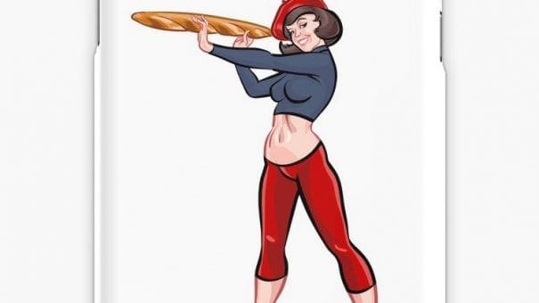 Cartoon woman in red beret, blue top, and red leggings holding baguette like baseball bat.