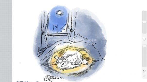 Child reads under blanket by flashlight, moonlit window view with drapes, and toy nearby.