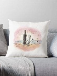 Decorative pillow with a sunset illustration of a person holding a large wine bottle by the sea.