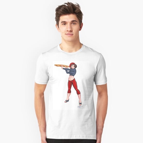 Man wearing T-shirt with illustration of woman in blue top, red leggings, holding a baguette.