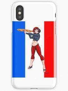 Phone case with woman in red beret holding baguette, blue top, red pants, French flag backdrop.