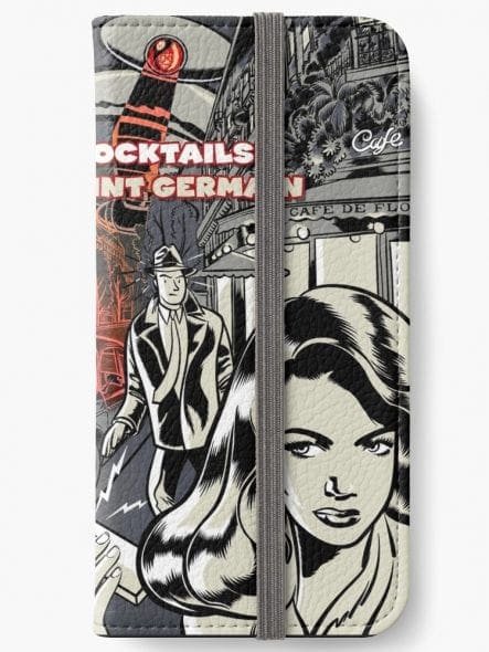 Retro-style wallet with noir art, featuring a man, woman's face, and text "Saint Germain Café".