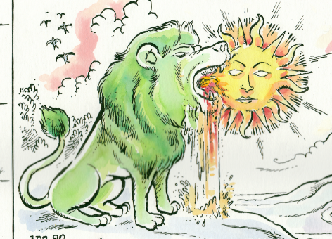 Green lion consuming human-faced sun, clouds and birds in background, signed "A.BB. 20".