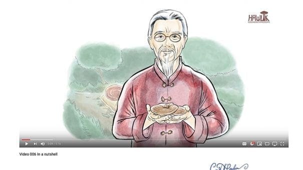 Illustrated elderly man in red outfit holding mushroom, forest background, video thumbnail.