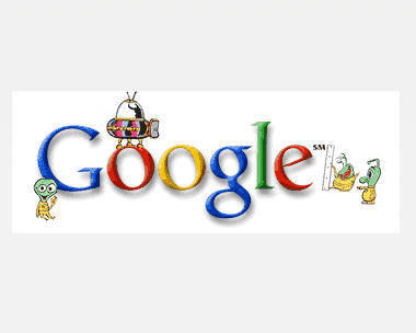 Google Doodle with logo, cartoon characters, and piñata celebrating a festive event.