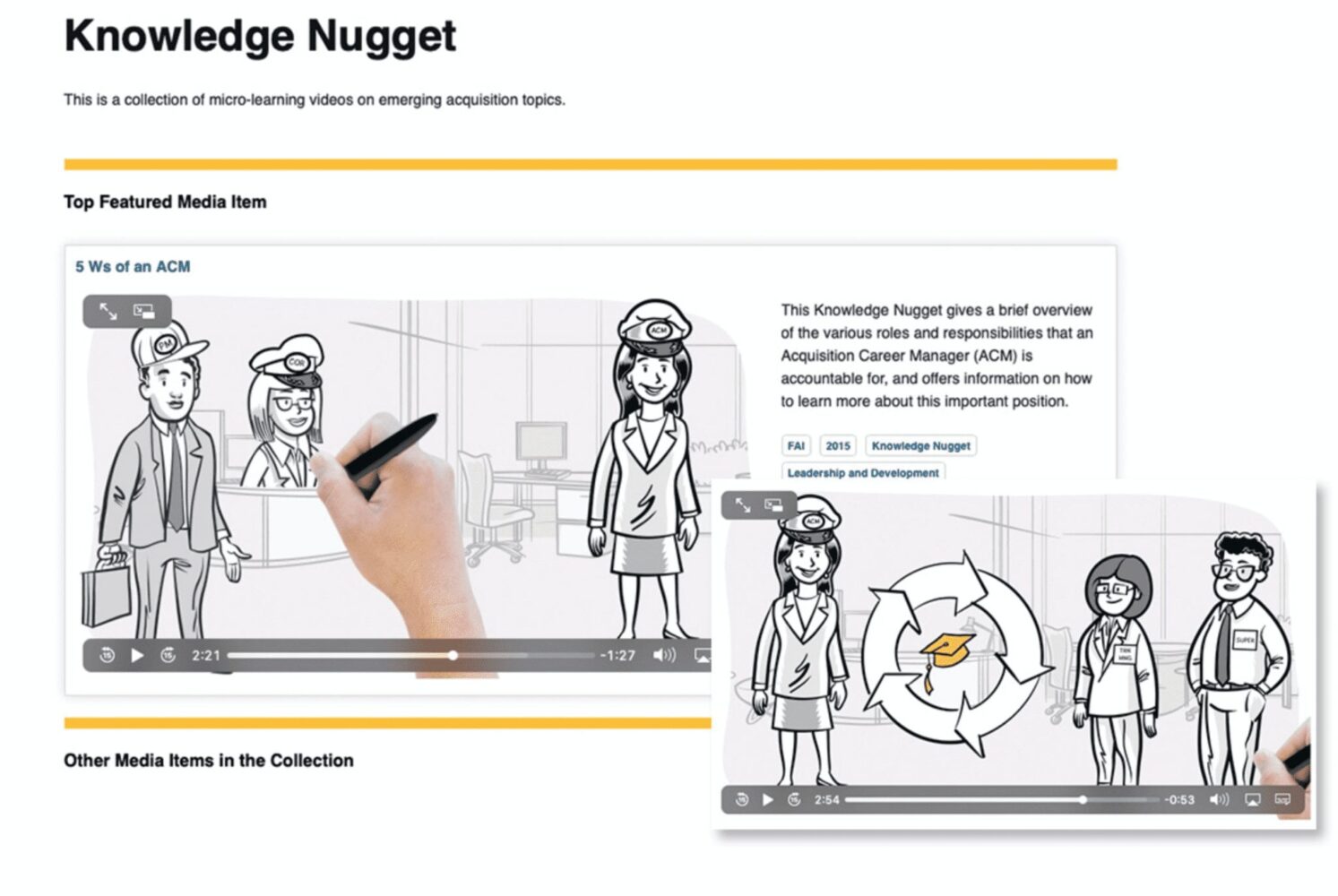 Webpage featuring micro-learning videos on Acquisition Career Manager roles with illustrations.