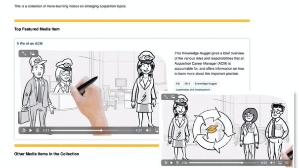 Webpage featuring micro-learning videos on Acquisition Career Manager roles with illustrations.