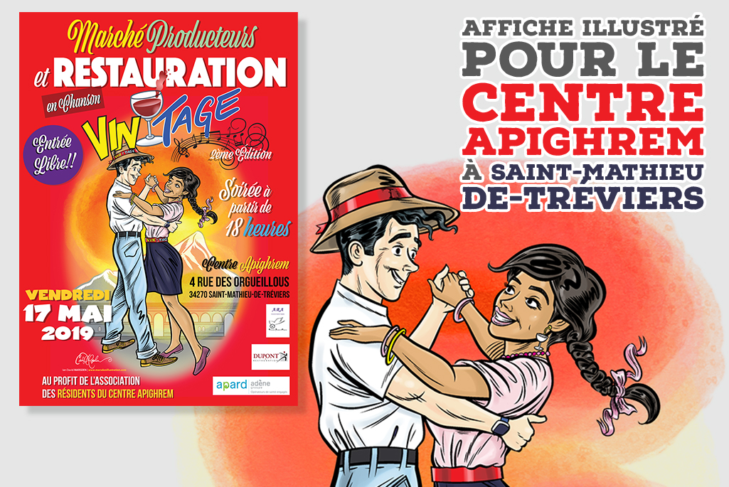 Poster illustré Vin-Tage 2019 avec couple rétro dansant, créé par Ian David Marsden pour le Centre Apighrem à Saint-Mathieu-de-Tréviers, près du Pic Saint-Loup.