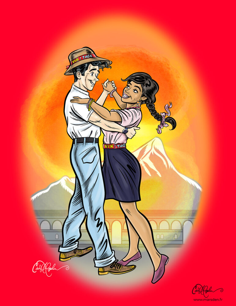 Couple romantique dansant devant le Pic Saint-Loup, illustration rétro créée par Ian David Marsden pour l’affiche Vin-Tage 2019 du Centre Apighrem.