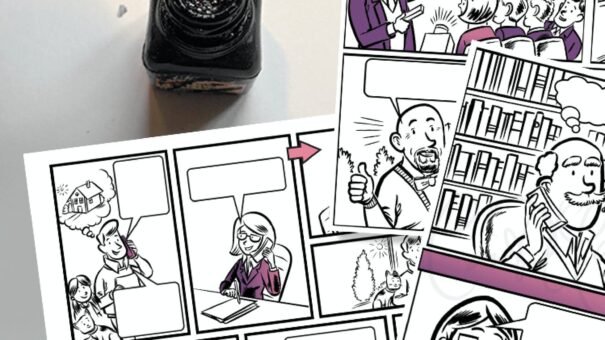 Black-and-white comic panels with purple accents, people working, talking, ink jar in corner.