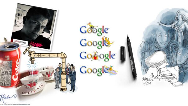 Collage with Coke can, pipe pouring into cup, Google logos, and creative illustration theme.