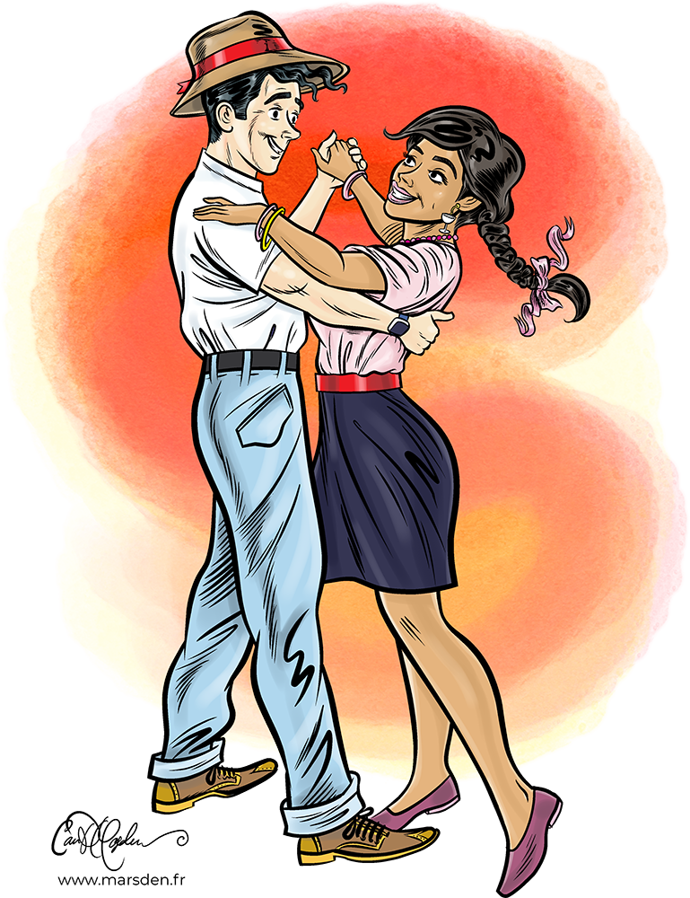 Illustration en couleurs d’un couple inspiré des vêtements traditionnels du Languedoc, créé pour l’affiche Vin-Tage 2019 à Saint-Mathieu-de-Tréviers.