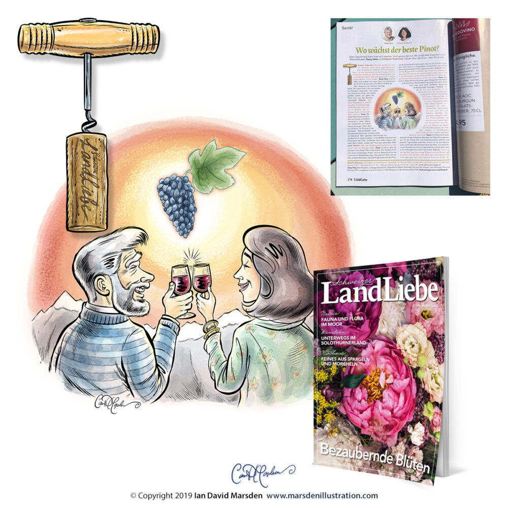 Schweizer LandLiebe Magazinillustration zum Thema Pinot noir mit einem Paar beim Anstossen.
