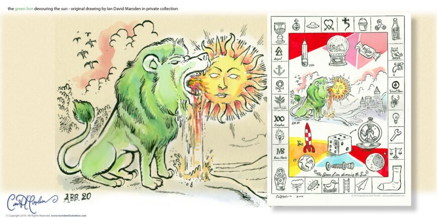A green lion eats the sun, surrounded by alchemical symbols, a castle, dice, and celestial motifs.