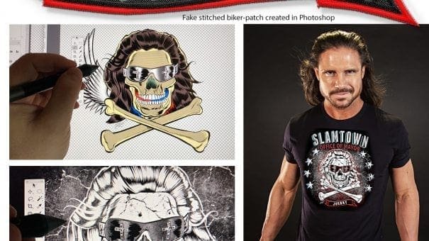 Collage of "Johnny" biker patch, skull illustrations, and Slamtown t-shirt design with skull.