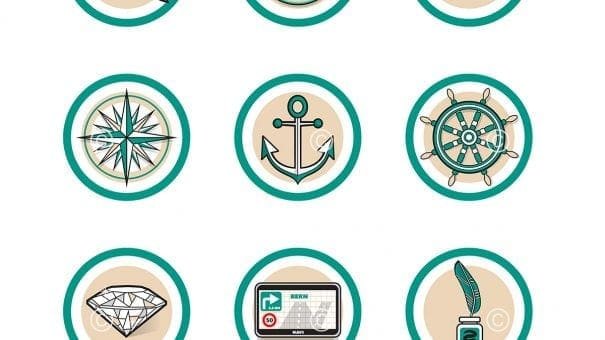 Nautical-themed grid with bird, compass, telescope, star, anchor, wheel, diamond, GPS, quill.