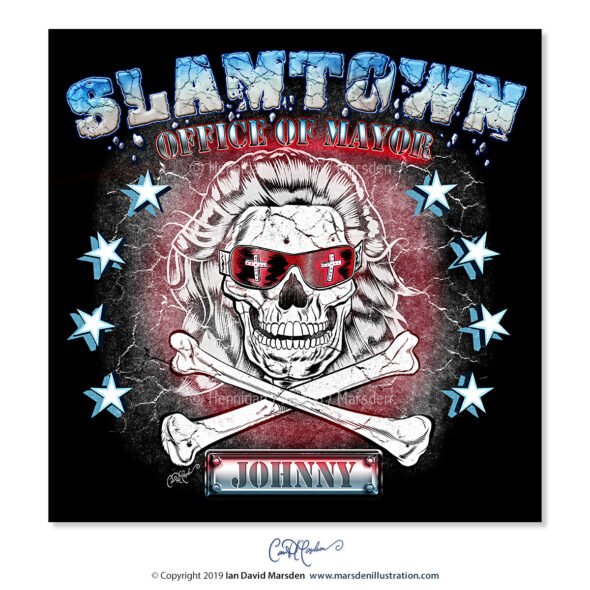 Skull with hair and cross sunglasses, crossed bones, Slamtown Office text, stars, Johnny label.