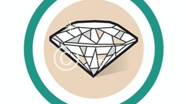 Stylized diamond with black outline, beige background, and green circular border.