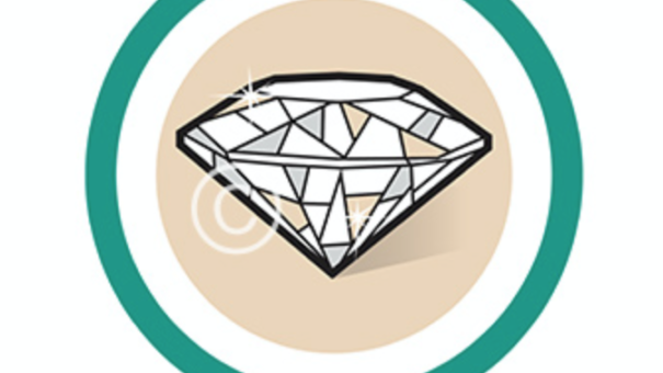 Stylized diamond illustration with teal circle on beige background.