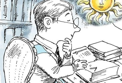 Person reading at desk in library, books nearby, sun with face in corner creates calm atmosphere.