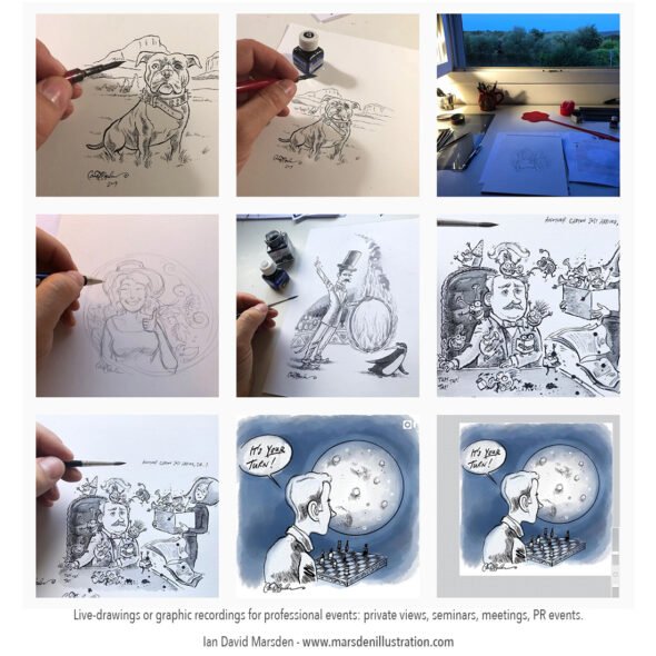 dog, woman, magician, whimsical scene, chess with moon, art supplies.