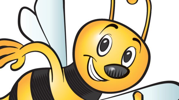 Cartoon bee with smile, large eyes, striped yellow-black body, wings, and antennae.