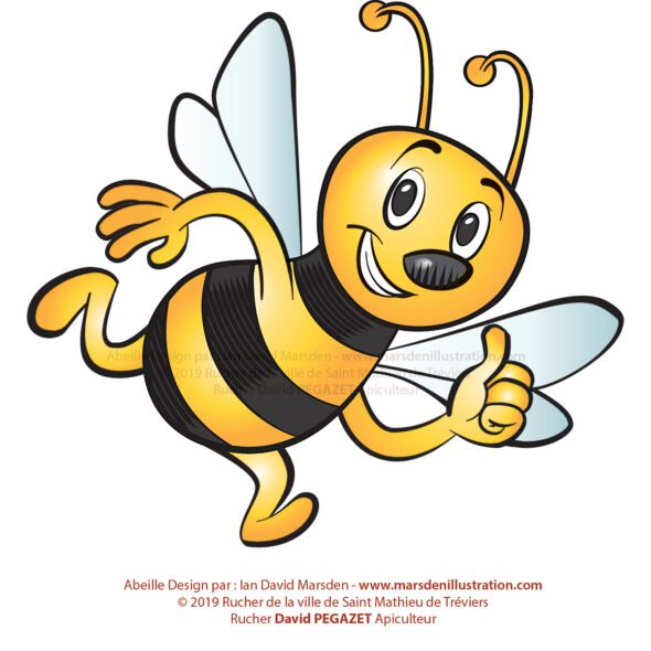 Cheerful cartoon bee with large eyes, stripes, wings, and thumbs-up gesture.