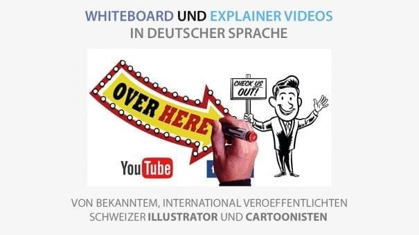 Whiteboard and explainer video ad in German with cartoon drawing and social media logos.