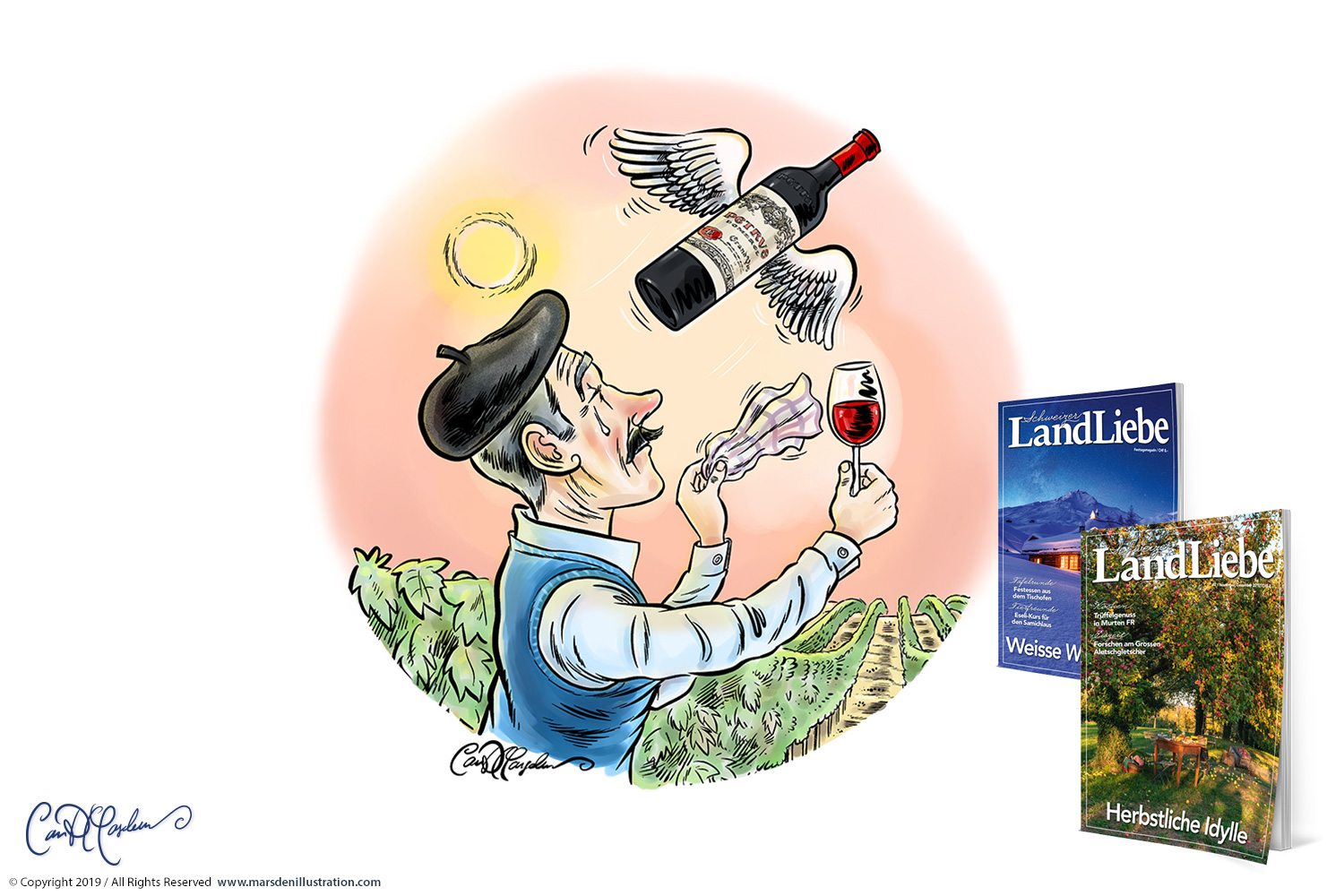 Editorial Illustration für Schweizer LandLiebe mit Weinliebhaber, Weinflasche und Rebberg.