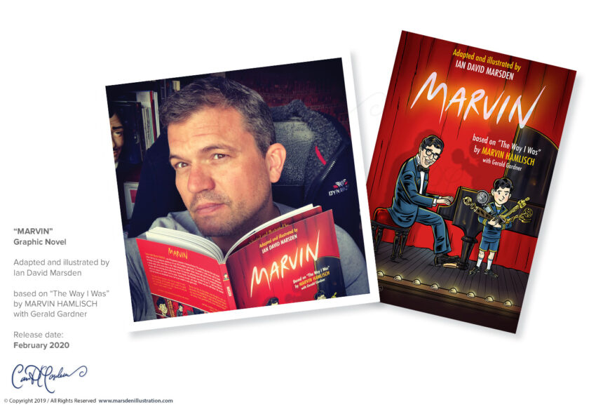Promotional image for MARVIN showing Ian David Marsden reading the published graphic novel beside the red book cover artwork and release information for the 2020 Schiffer Publishing edition.
