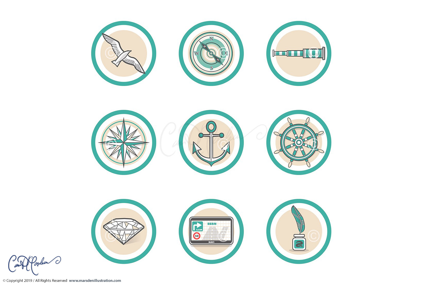 Nine nautical-themed icons including compass, anchor, ship wheel, within teal and beige circles.