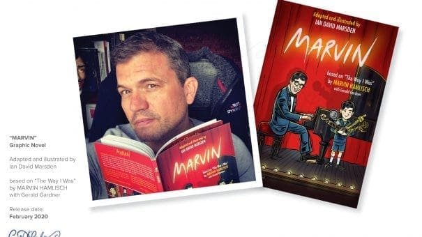 Person holding graphic novel "MARVIN" by Ian David Marsden, based on Marvin Hamlisch's work.