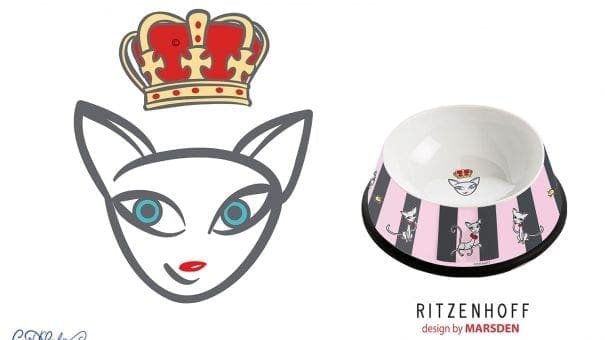 White pet bowl with black and pink stripes, crowned cat design, RITZENHOFF by MARSDEN.